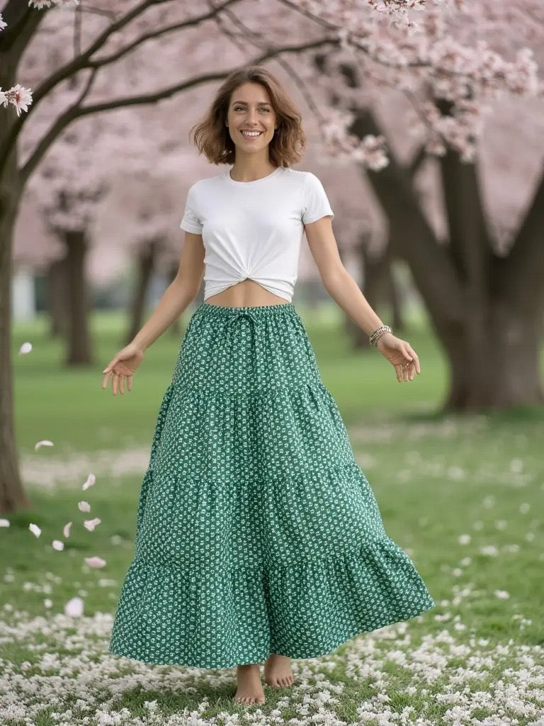 Tiered Boho Skirt, White and Green Block Print, Cotton Gypsy Skirt, Full Length Tiered Skirt