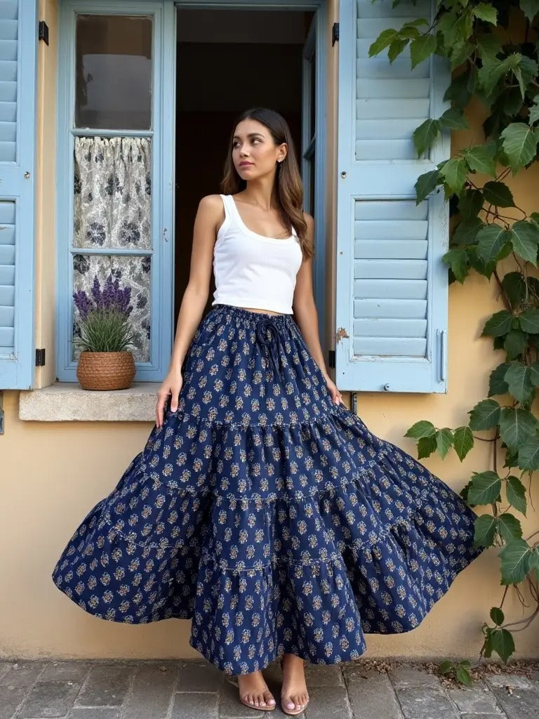 Tiered Boho Skirt, Indigo and Beige Buti Print, Full-Length Gypsy Skirt, Cotton Skirt with Elastic Waist