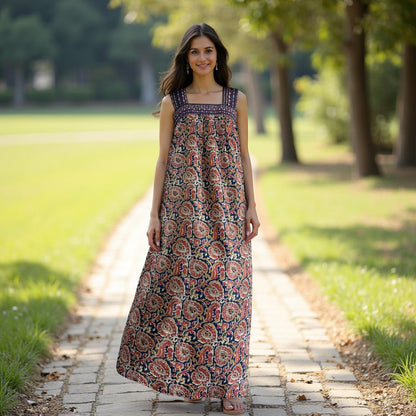 Women's Floral Maxi Dress, Bow Tie Shoulder Straps, Lined Cotton Summer Dress