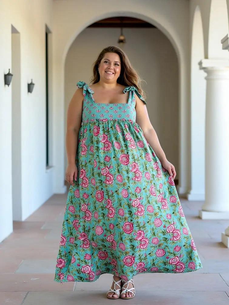 Women's Bow Tie Strap Maxi Dress, Turquoise Floral Print
