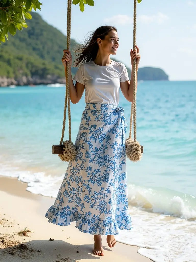 Tiered Wrap Skirt, Ruffle Hem, White and Blue Vine Block Print, Cotton Skirt, Sarong Style