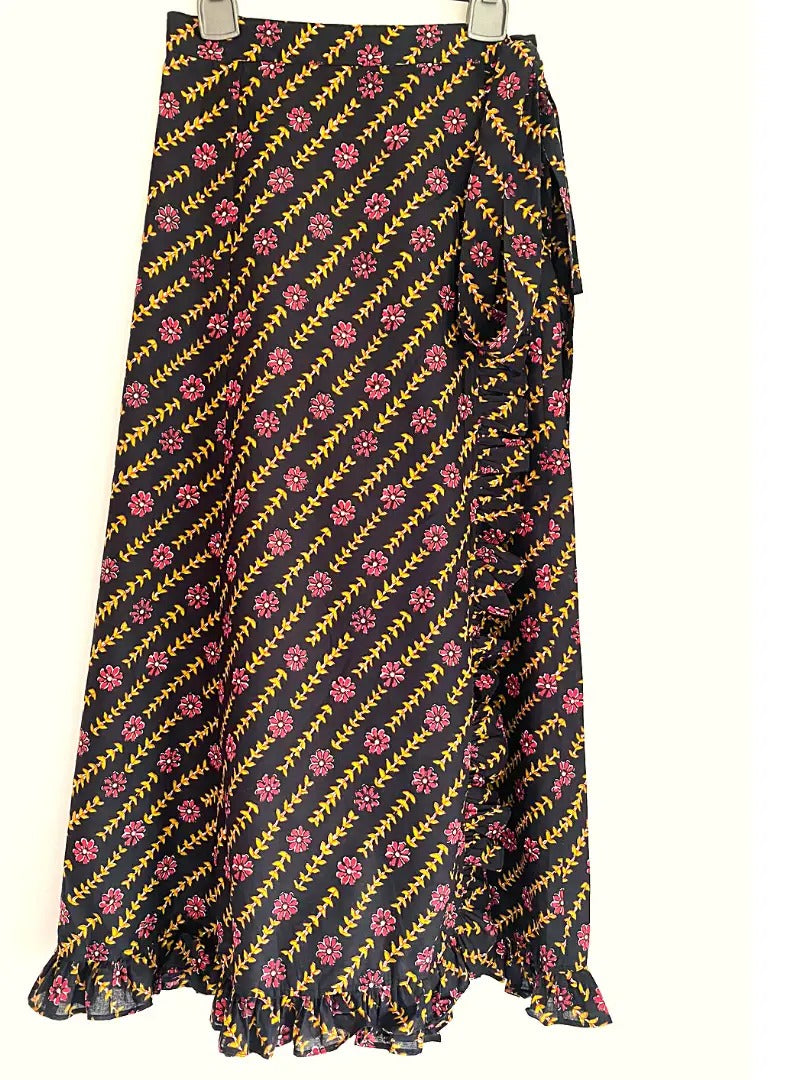 Tiered Wrap Around Skirt with Ruffle, Yellow Floral Print, Cotton Wrap Skirt