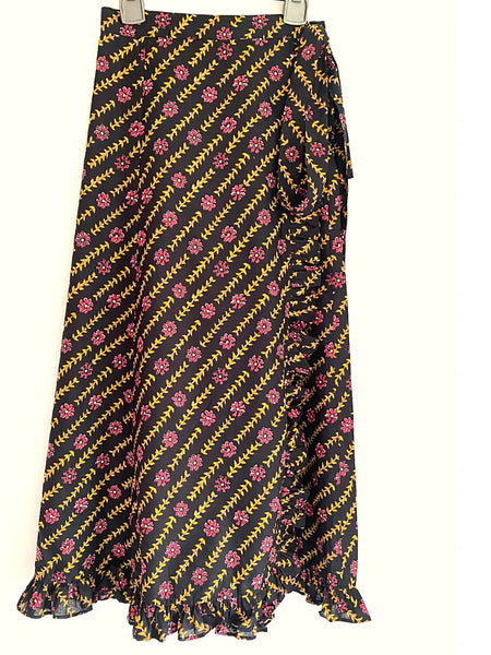 Tiered Wrap Around Skirt with Ruffle, Yellow Floral Print, Cotton Wrap Skirt