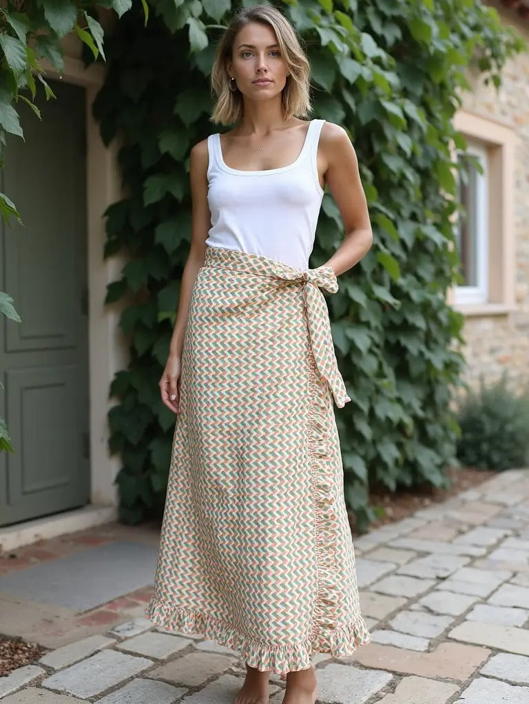 Tiered Wrap Skirt with Ruffle, Chevron Print Cotton Wraparound Skirt