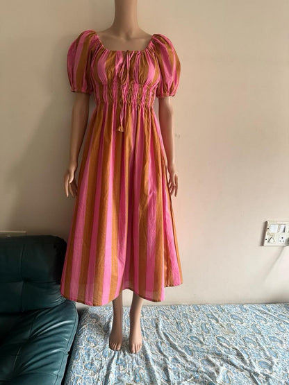 Womens Adjustable Neckline Gathered Bodice Dress - Pink Beige Stripes - WITH LINING