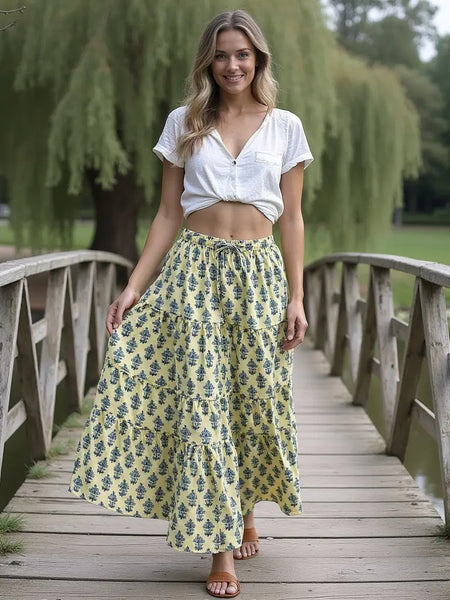 Tiered Boho Skirt, Pale Yellow and Blue Block Print, Gypsy Style Cotton Maxi Skirt