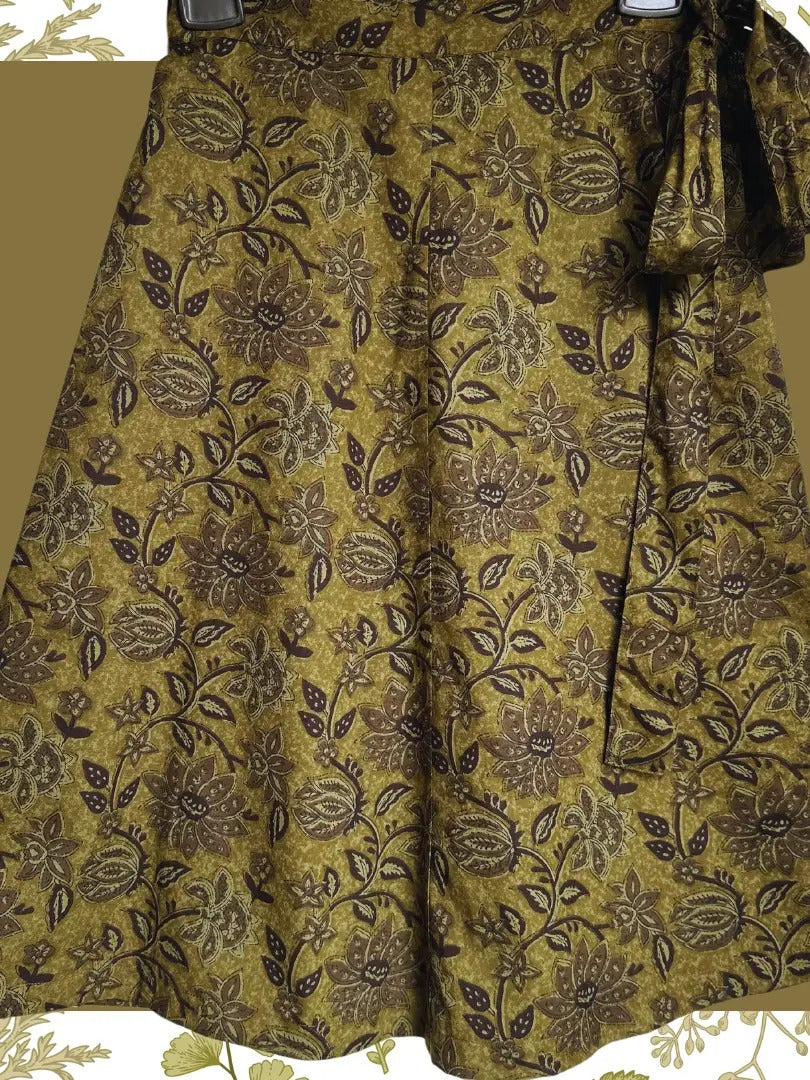 Knee Length Wrap Skirt, Henna Green Floral Print, Cotton Wraparound Skirt, Summer Skirt
