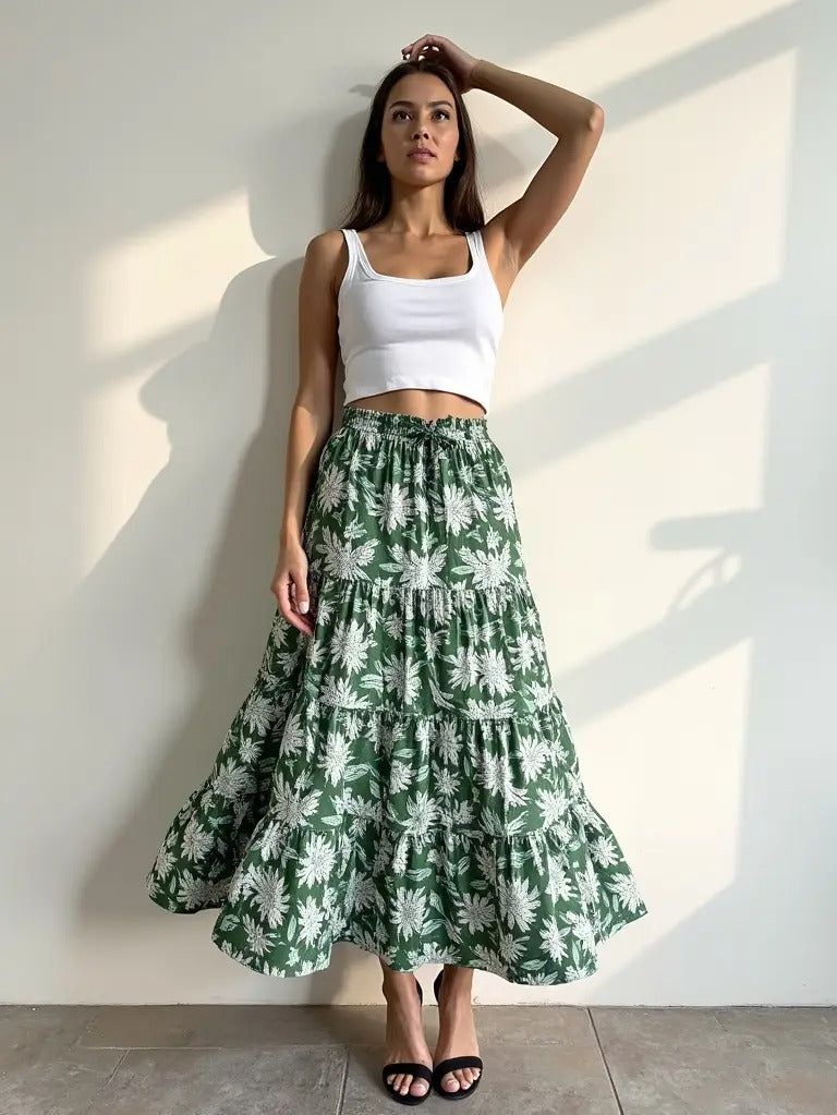 Green Floral Tiered Skirt, Boho Gypsy Skirt, Block Print Cotton, Women's Festival Skirt
