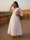 White Embroidered Panel Skirt with Lining, Flowy Cotton Midi, Comfortable Waist
