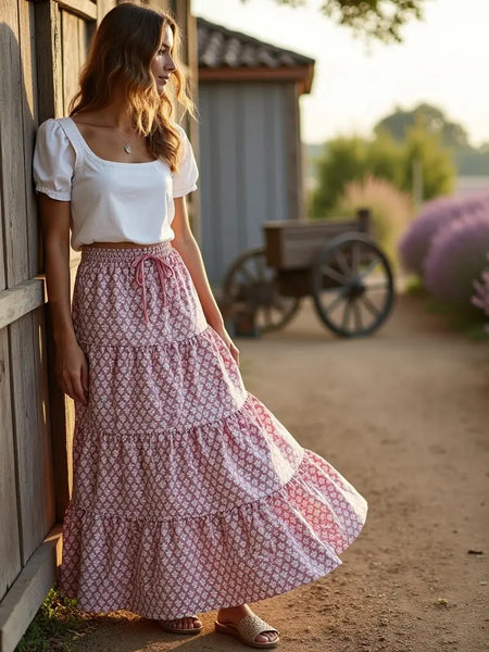 Lavender Tiered Skirt, Boho Gypsy Skirt, Women's Cotton Buta Skirt, Ethically Made, Full Length