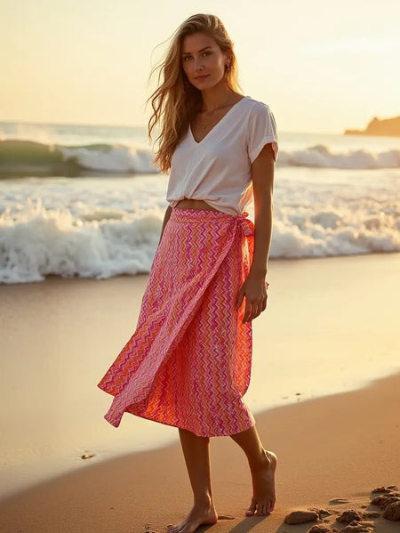 Knee-Length Wrap Skirt, Peach Pink Zigzag Print, Cotton Wraparound, Summer Skirt, Beach Cover-Up, Casual to Glam