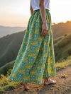 Boho Gypsy Skirt, Lime Green Floral Cotton, 6-Panel, Side Pockets, Adjustable Waist, Ethically Made