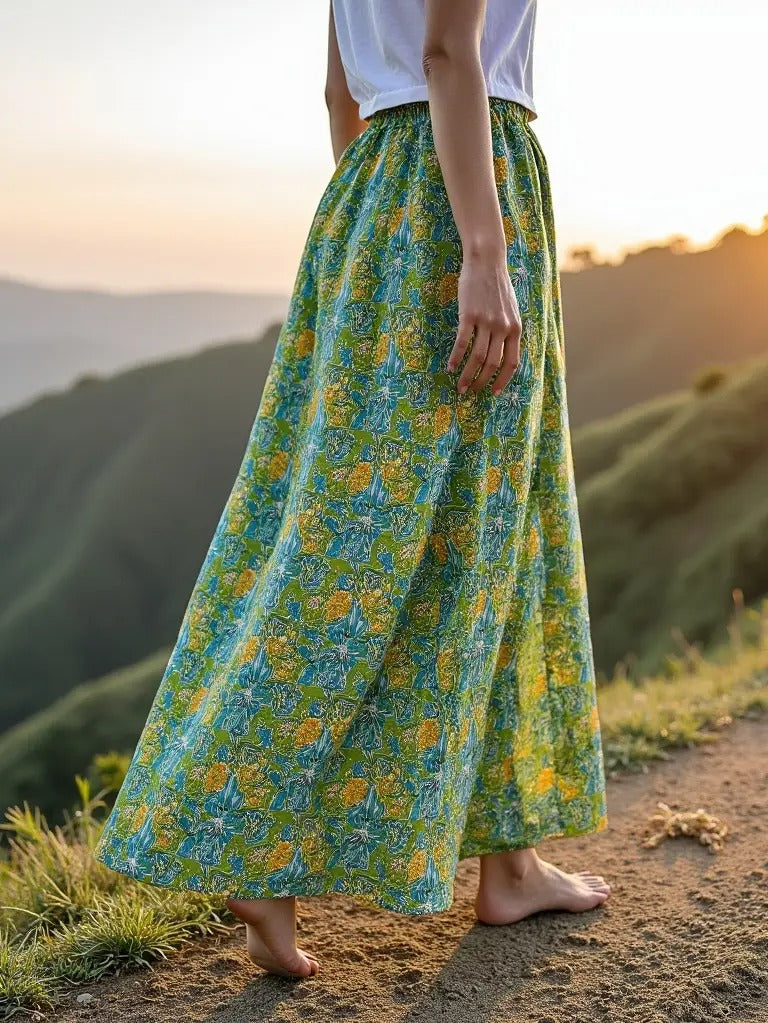 Boho Gypsy Skirt, Lime Green Floral Cotton, 6-Panel, Side Pockets, Adjustable Waist, Ethically Made