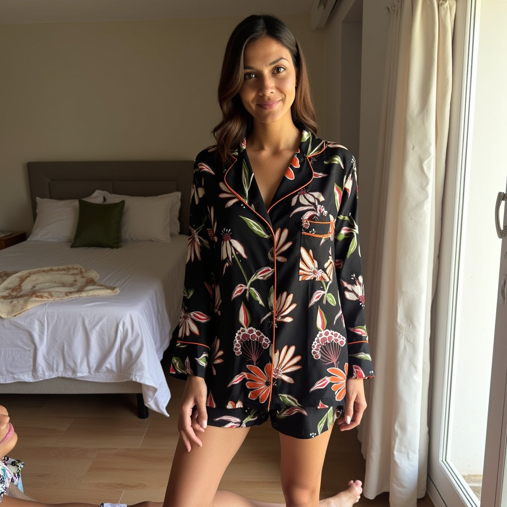 Women’s Black Floral Pajama Set, Silky Viscose, Long Sleeve Top, Elastic Shorts