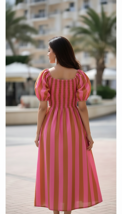 Womens Adjustable Neckline Gathered Bodice Dress - Pink Beige Stripes - WITH LINING