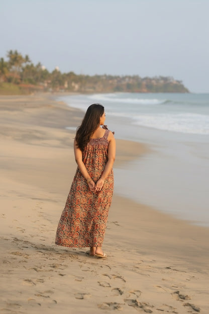 Women's Floral Maxi Dress, Bow Tie Shoulder Straps, Lined Cotton Summer Dress