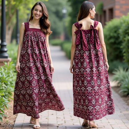 Women’s Burgundy Maxi Dress with Bow Tie Shoulder Straps, Lined Cotton Summer Dress