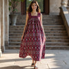 Women’s Burgundy Maxi Dress with Bow Tie Shoulder Straps, Lined Cotton Summer Dress