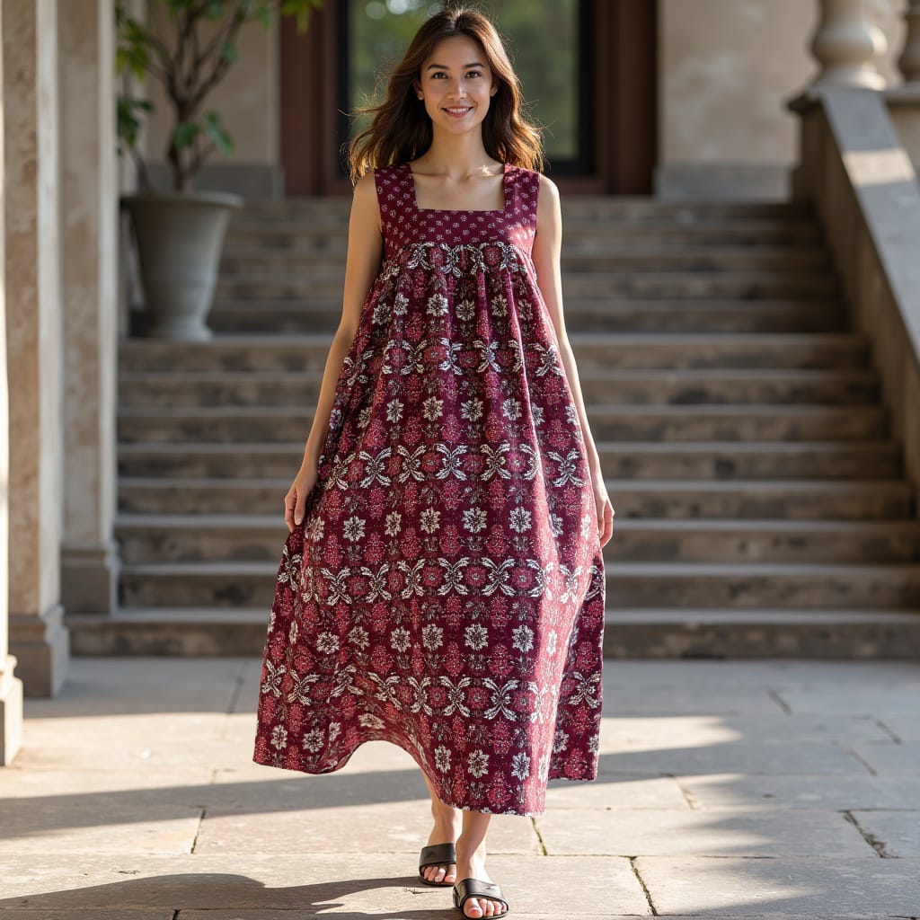 Women’s Burgundy Maxi Dress with Bow Tie Shoulder Straps, Lined Cotton Summer Dress