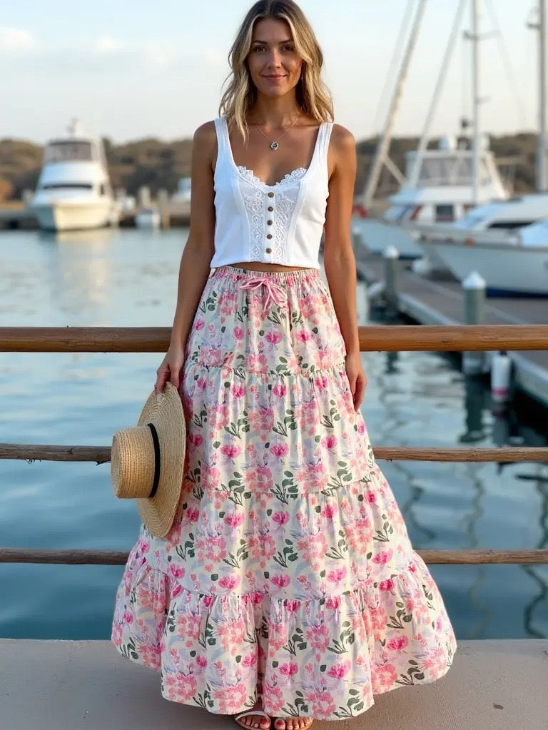 Pink Watercolor Floral Tiered Skirt, Boho Gypsy Style, Fully Lined Cotton Maxi Skirt
