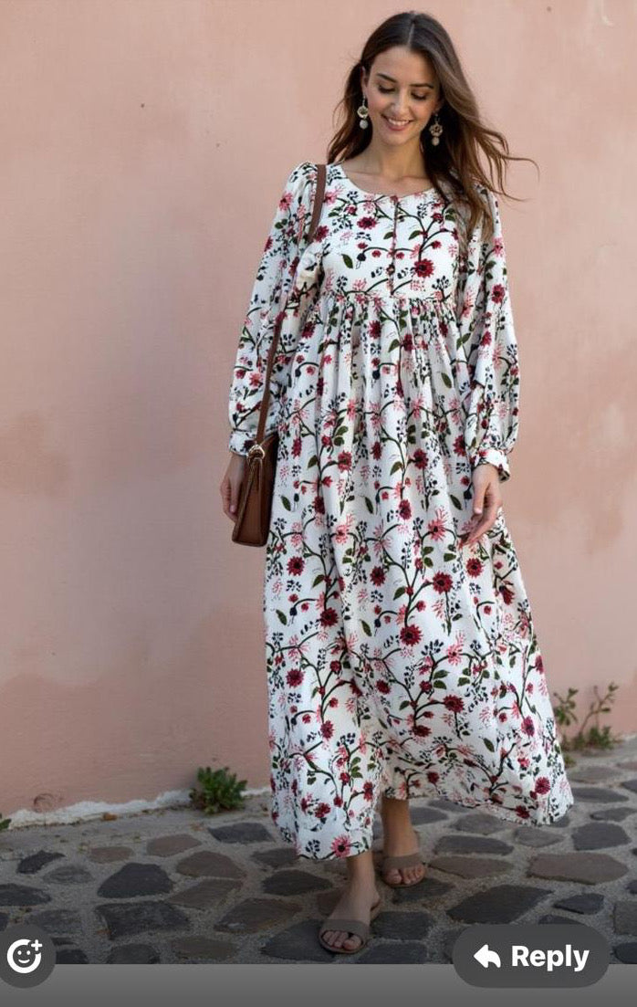 Milia Dress- white floral print in cotton.