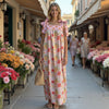 Women's Pink Floral Maxi Dress, Bow Tie Shoulder Straps, Lined Cotton Summer Dress