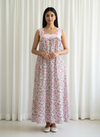 Women's Scalloped Strap Maxi Dress, White and Pink Cotton Summer Dress with Lining