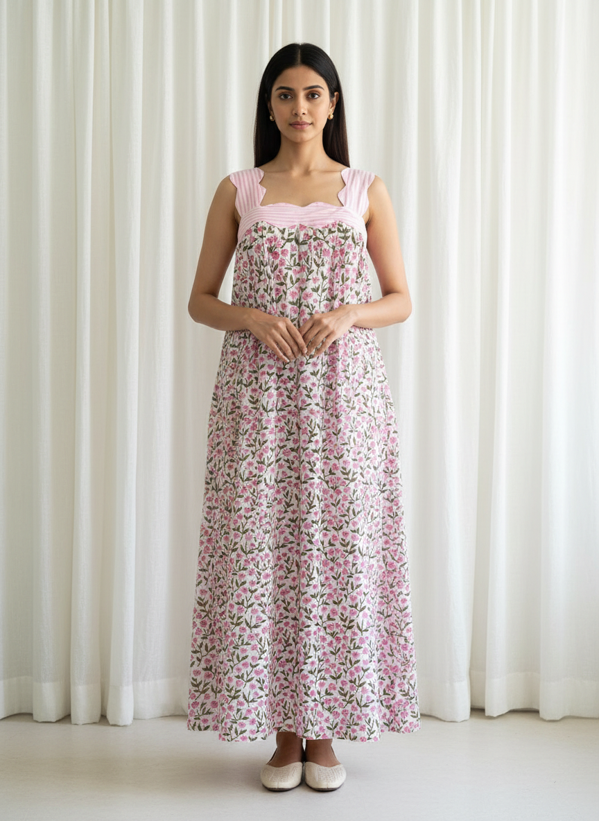 Women's Scalloped Strap Maxi Dress, White and Pink Cotton Summer Dress with Lining