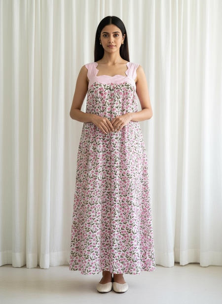 Women's Scalloped Strap Maxi Dress, White and Pink Cotton Summer Dress with Lining