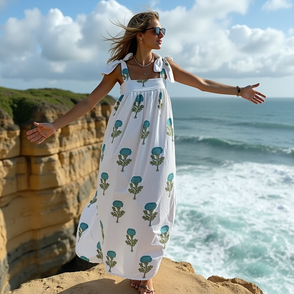 Blue Marigold Maxi Dress, Women's Bow-Tie Shoulder Straps, Lined Cotton Summer Dress