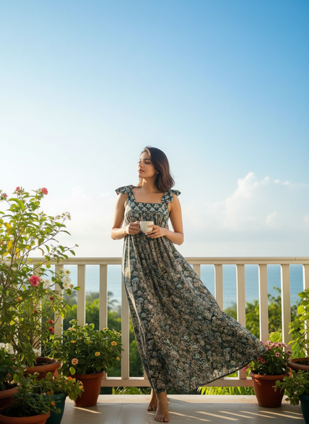 Women’s Teal Blue Floral Maxi Dress, Bow Tie Shoulder Straps, Summer Cotton Dress