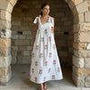 Women’s Pink Marigold Maxi Dress, Bow Tie Shoulder Straps, Fully Lined Cotton Summer Dress