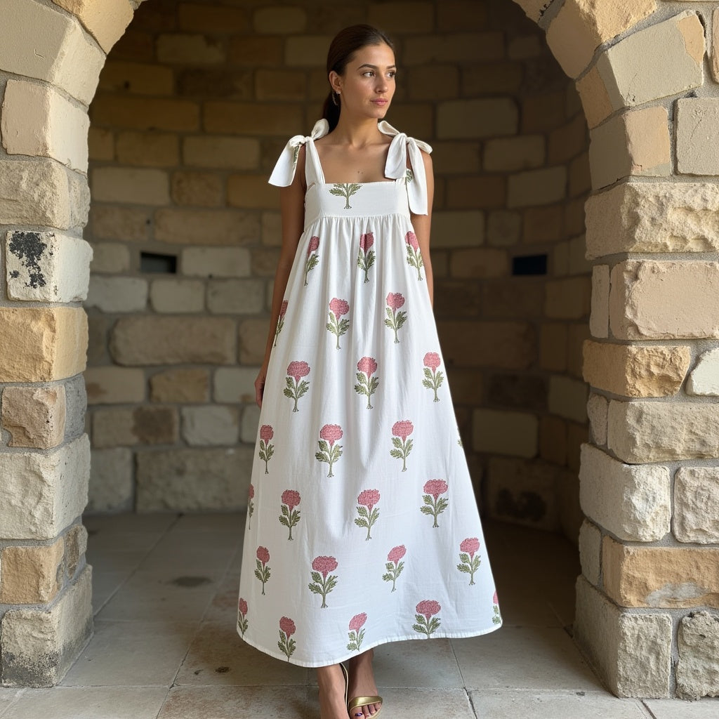 Women’s Pink Marigold Maxi Dress, Bow Tie Shoulder Straps, Fully Lined Cotton Summer Dress