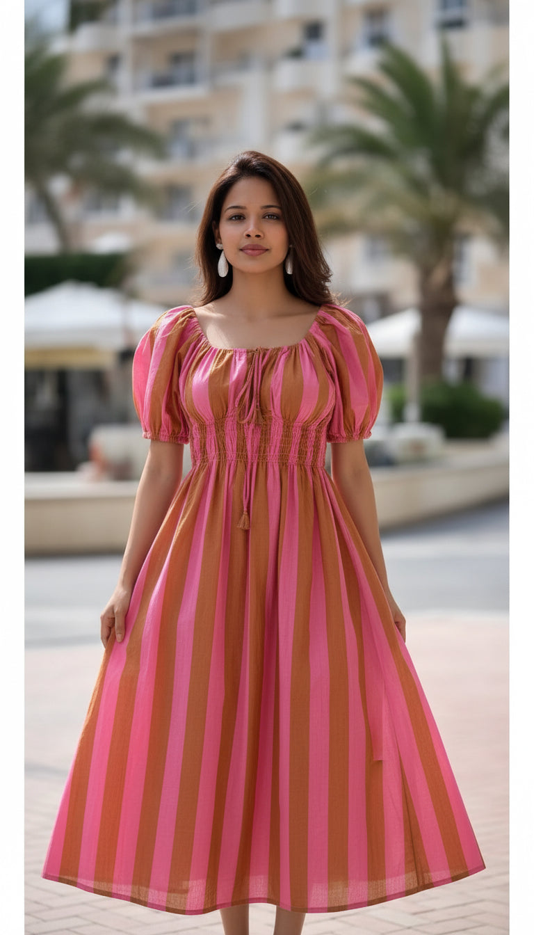 Womens Adjustable Neckline Gathered Bodice Dress - Pink Beige Stripes - WITH LINING