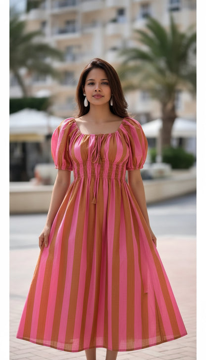 Womens Adjustable Neckline Gathered Bodice Dress - Pink Beige Stripes - WITH LINING